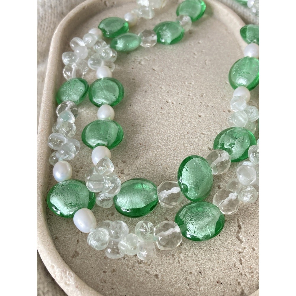 Green Glass Bead Necklace Clear Crystal Faux Pearl Multi Strand‎ Toggle Chunky